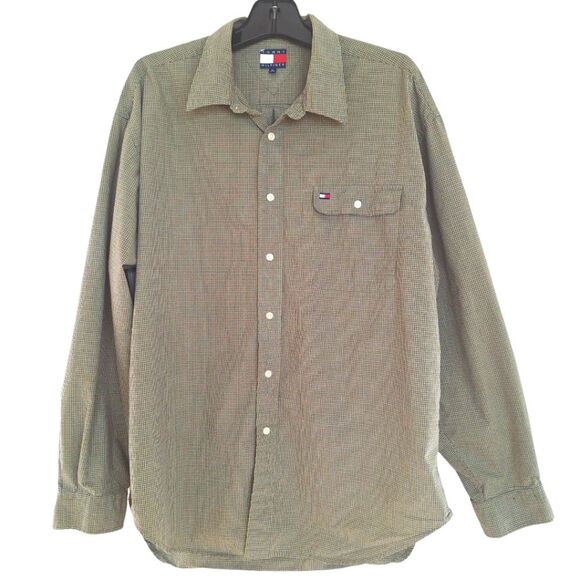 Tommy Hilfiger Button Up Men's Shirt Long Sleeve Olive Green 100% Cotton VTG XL - Picture 2 of 10